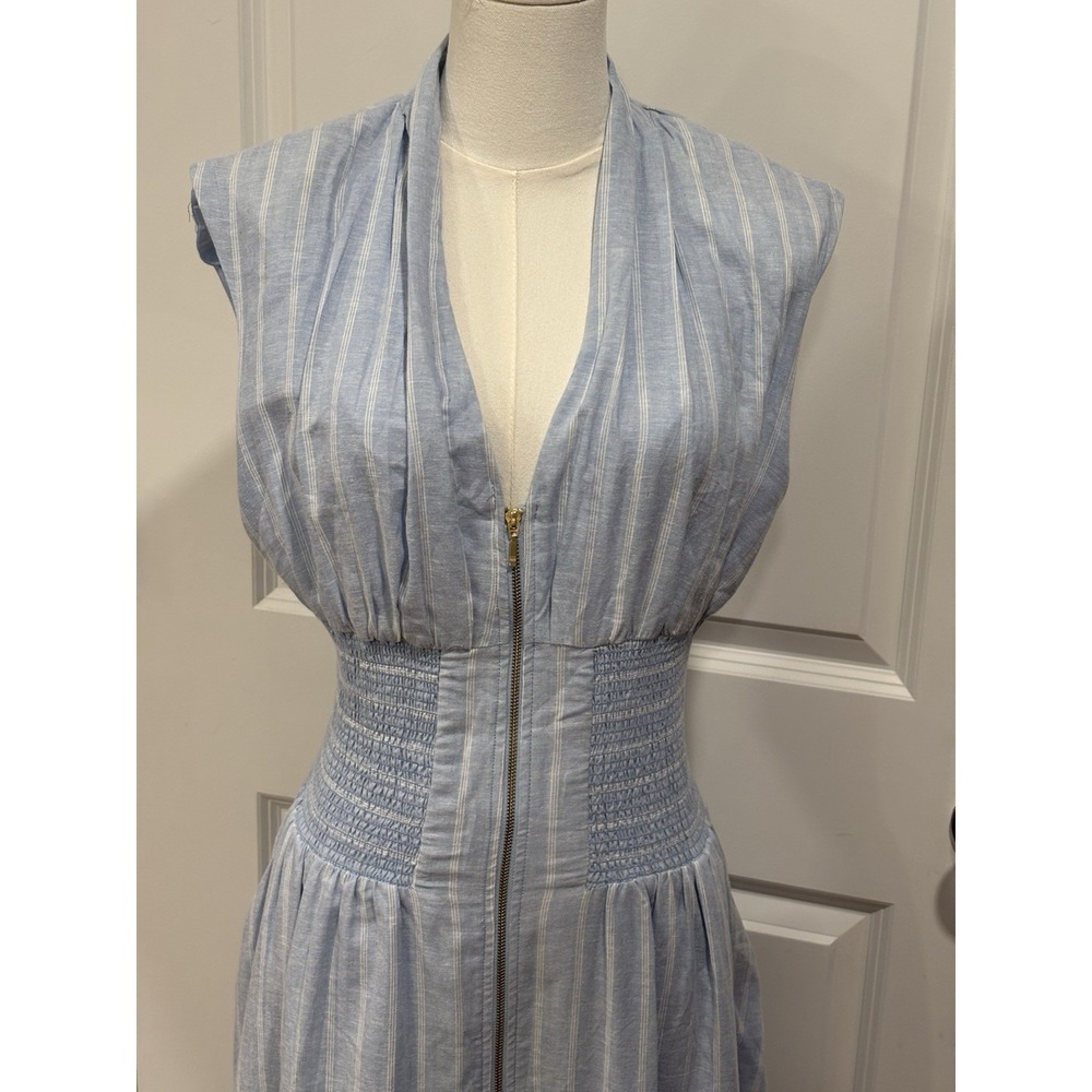 Anthropologie Tommie Cap Sleeve Smocked Front-Zip Shirt Dress Linen Blue White M - Picture 6 of 10